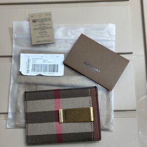 Burberry Beige Check Card Holder with Brown Trim and Red Stripe